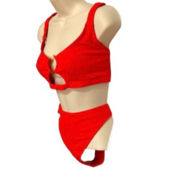 NASTY GAL Crinkle Cut Ring Bikini Red Womens Size 10 - Picture 1 of 16